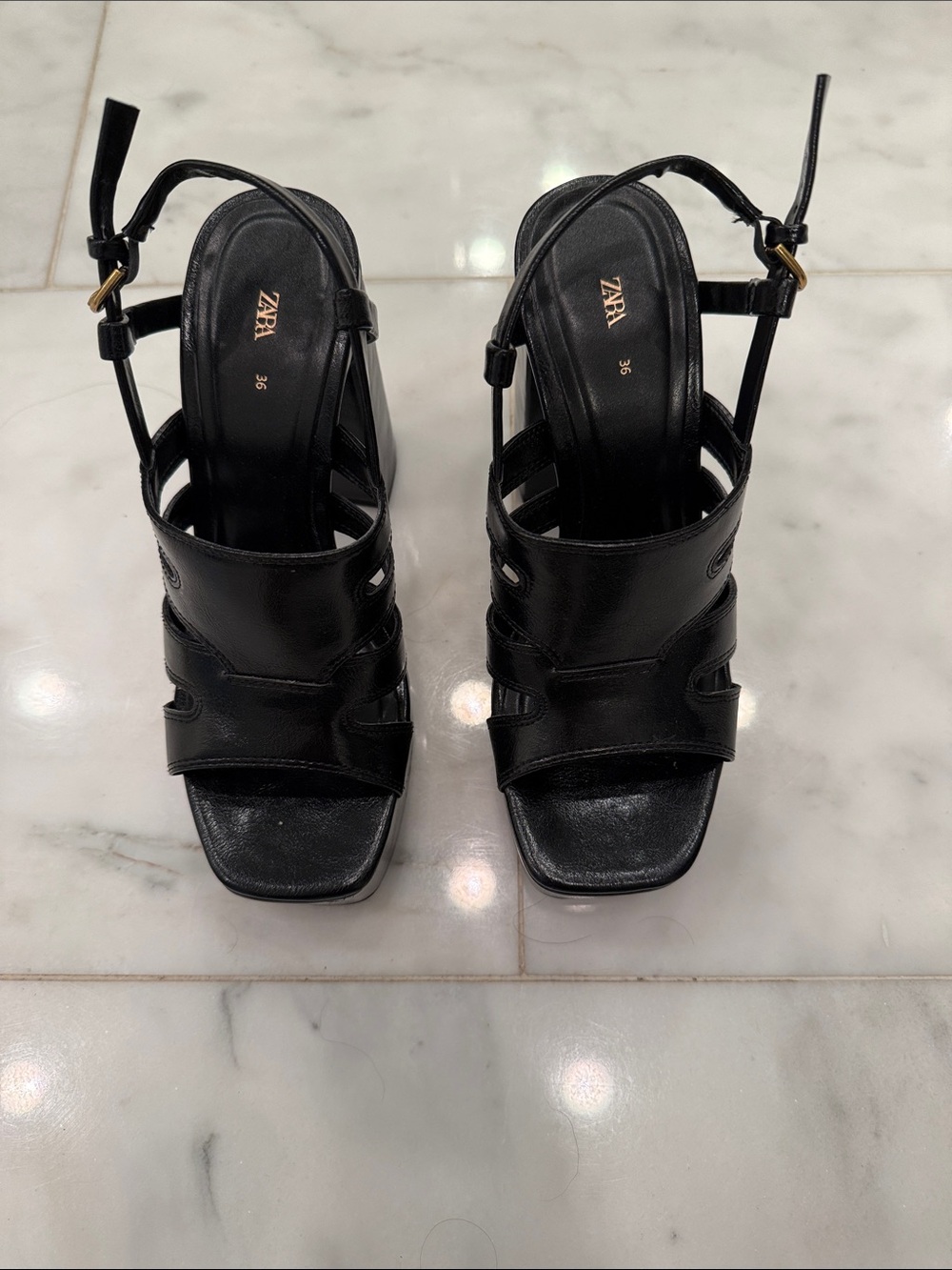 Zara Black Strappy Leather Slingback Block Heels